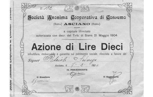 1920 - Sottoscrizione Azioni a sostegno Coop di Consumo